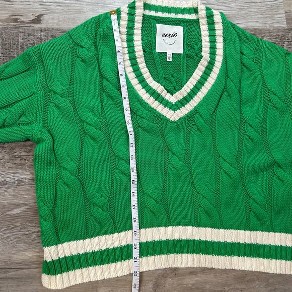 Aerie Sweater Green Cable Knit Cotton V-Neck Varsity Preppy Fall Medium - Picture 8 of 8